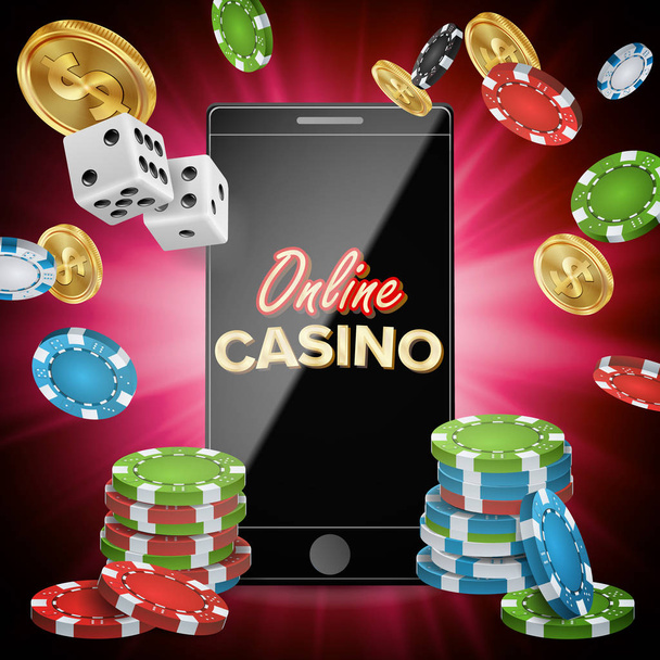 Online Casino Vector. Banner With Mobile Phone. Playing Dice, Dollar Coins. Winner Lucky Symbol. Illustration - Vector, Image