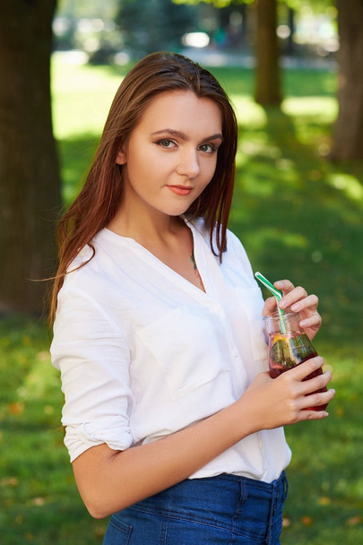 Healthy lifestyle. Happy young woman with detox - Zdjęcie, obraz