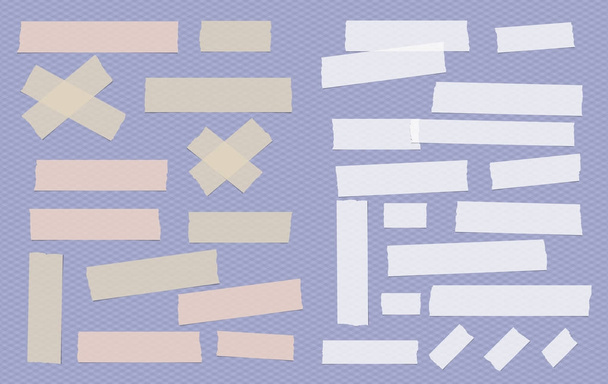 Bruin en wit verschillende grootte lijm, kleverige, papieren stukken op paarse gekwadrateerde achtergrond. - Vector, afbeelding