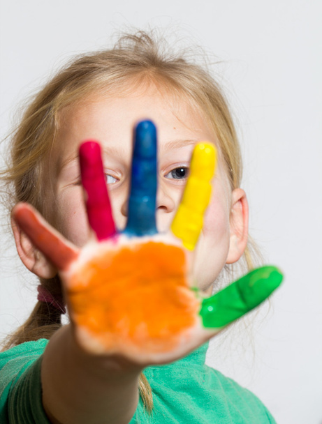 Little funny girl with painted hands - Fotoğraf, Görsel