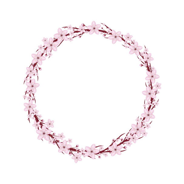 Natural round frame with blossom cherry tree branches. Spring wr - Wektor, obraz