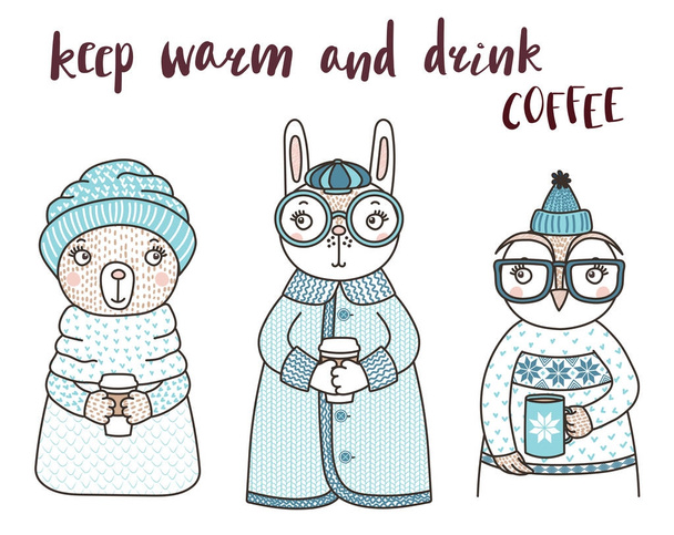 Cute funny animals in knitted hats and sweaters - Vector, Image