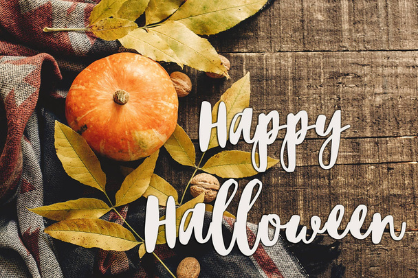 šťastný halloween text podepsat na podzim, dýně s listy  - Fotografie, Obrázek