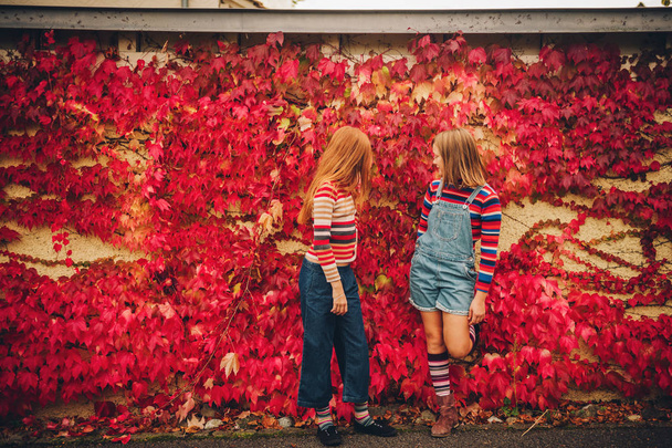 Retrato de outono de duas meninas engraçadas brincando juntas fora, posando contra a parede de hera vermelha. Moda de queda para adolescentes
 - Foto, Imagem