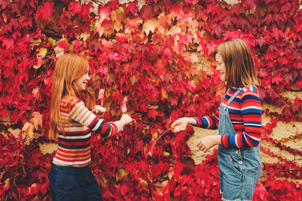 Autumn portrait of two funny girls playing together outside, posing against red ivy wall. Fall fashion for teens - Photo, Image