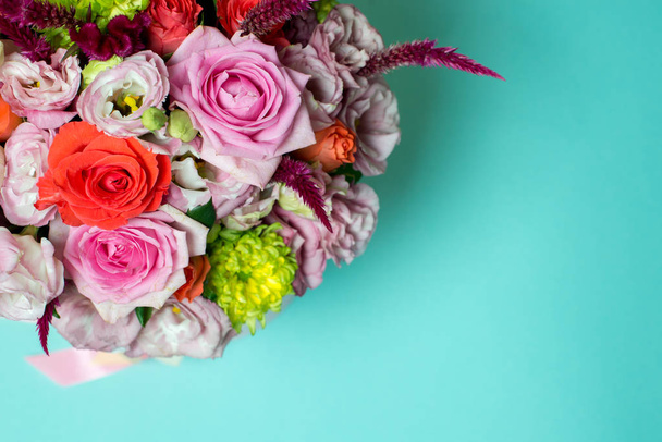 beautiful floral arrangement, pink and red rose, pink eustoma, yellow chrysanthemum - Foto, Imagem