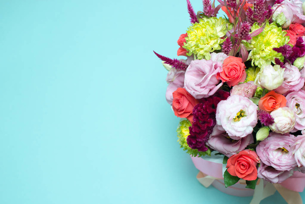 beautiful floral arrangement, pink and red rose, pink eustoma, yellow chrysanthemum - Photo, image