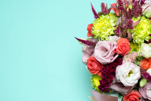 beautiful floral arrangement, pink and red rose, pink eustoma, yellow chrysanthemum - Zdjęcie, obraz