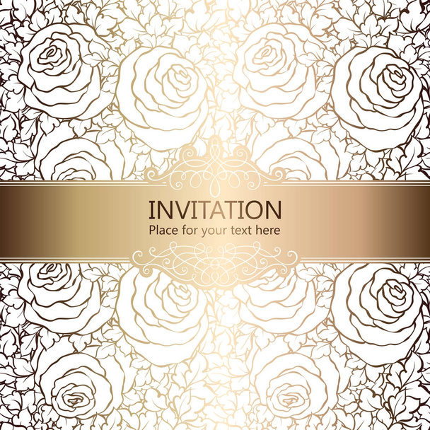 Αφηρημένα φόντο με τριαντάφυλλα, πολυτελή λευκά και χρυσά vintage πλαίσιο, βικτοριανό banner, damask διακοσμητικά floral ταπετσαρία, προσκλητήριο, μπαρόκ στυλ φυλλαδίου, σχέδιο μόδας, πρότυπο για το σχεδιασμό. - Διάνυσμα, εικόνα