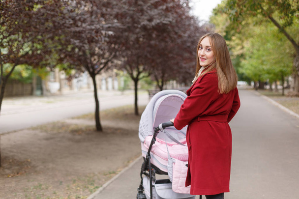 Young beautiful mom walking with baby in the park. - Foto, Imagem