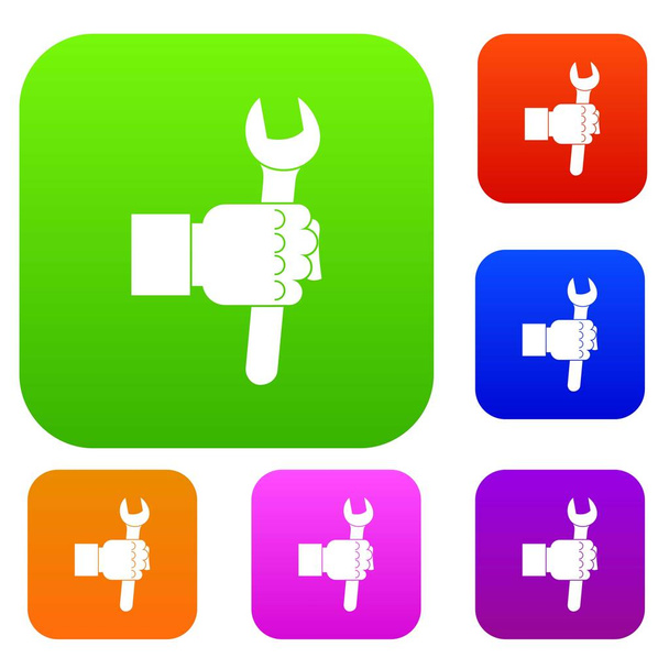 Wrench tool in man hand set color collection - Vector, imagen