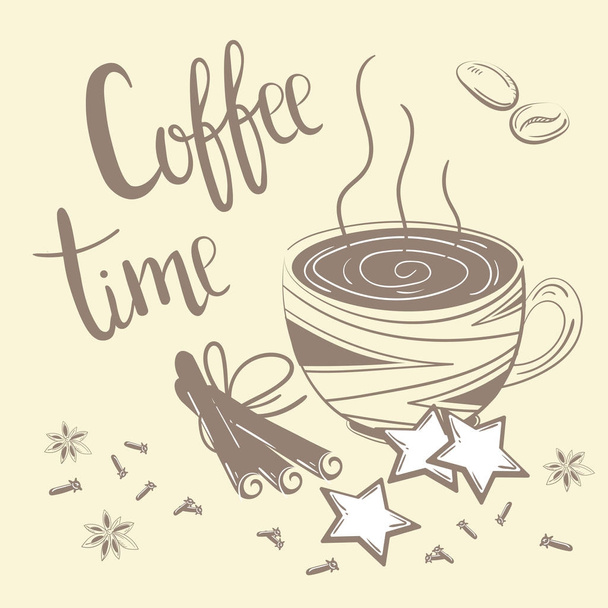 De tekst van de koffie tijd. Koffie, kaneel en anjer - Vector, afbeelding