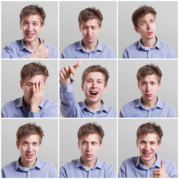Farklı hareketleri ve duyguları ile oldukça genç adamın dokuz fotoğraf kümesi - Fotoğraf, Görsel