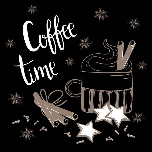 Kávé idő szöveg. Kávé, a fahéj és a szegfű - Vektor, kép
