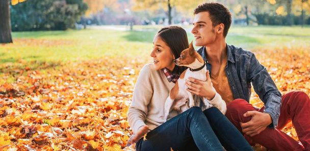 Young couple sitting outdoors in autumn park with dog and looking on copy space - 写真・画像