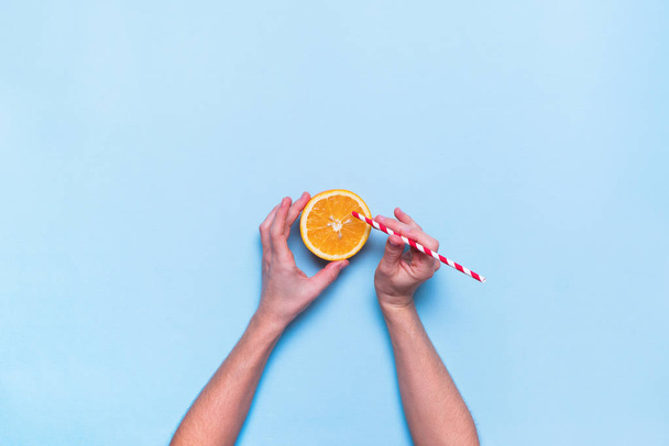 Fresh Juice Fruit Orange Color Blue Flat Lay - Foto, afbeelding