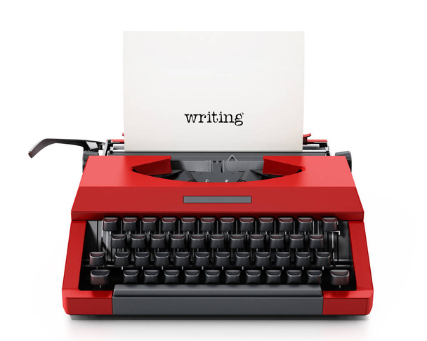 Livro branco com texto escrito em máquina de escrever vintage vermelho. Ilustração 3D
 - Foto, Imagem