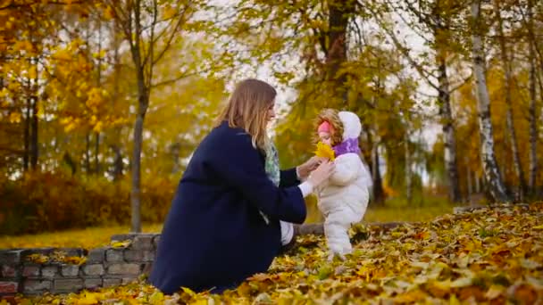 ősszel, amikor a sárga levelek körül anya és lány játszik a juhar leveleket, nevetett, és mosolygott. Anya ölelést és játszik az én lányom ősszel. Bokeh és napfény. - Felvétel, videó
