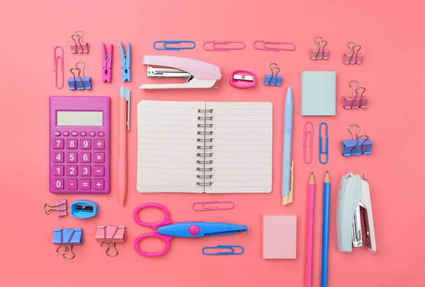 Stationary concept, Flat Lay top view Photo of school supplies s - Фото, зображення