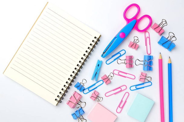 Stationary concept, Flat Lay top view Photo of school supplies s - Photo, Image