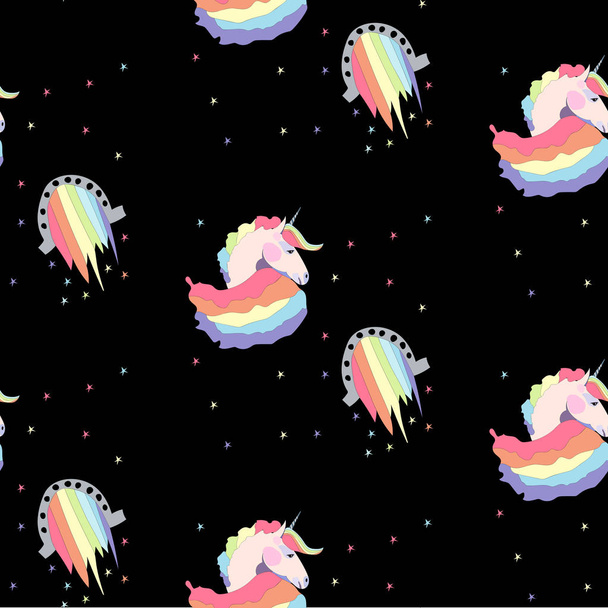 Bright beautiful lovely cute fairy magical colorful unicorns and rainbows pattern on black background vector illustration. Perfect for greeting and birthday card, wedding, invitation, textile design - Вектор,изображение