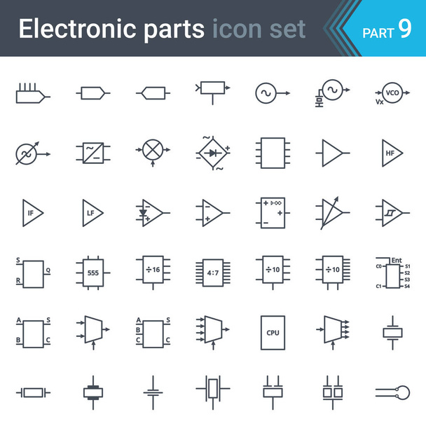 Sähkö- ja elektroniikka kaavio symbolit joukko piirejä, lohkot, vaiheet, vahvistin, logiikka piirit, pietsosähköinen kiteet ja kristalli oskillaattorit
 - Vektori, kuva
