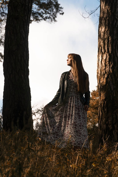 mode foto van jonge mooie vrouw poseren in bos in de buurt van grote boom - Foto, afbeelding