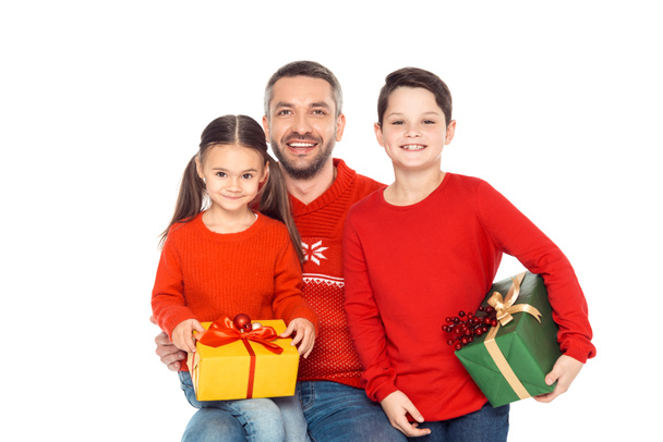 father and children with christmas presents - Фото, изображение
