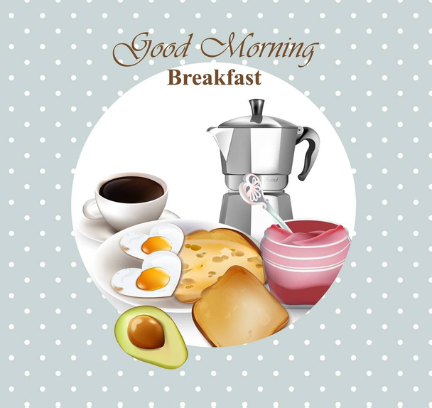 Healthy breakfast retro style card. Avocado, toasts, coffee and eggs Vector. French style breakfasts - Vecteur, image