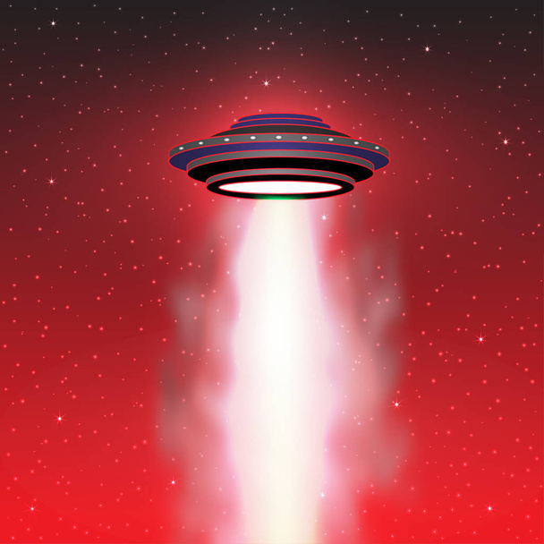 UFO φως διάνυσμα. Alien sky δοκάρια. UFO διαστημόπλοιο με δέσμη, πιατάκι εικονογράφηση ιπτάμενο ufo - Διάνυσμα, εικόνα
