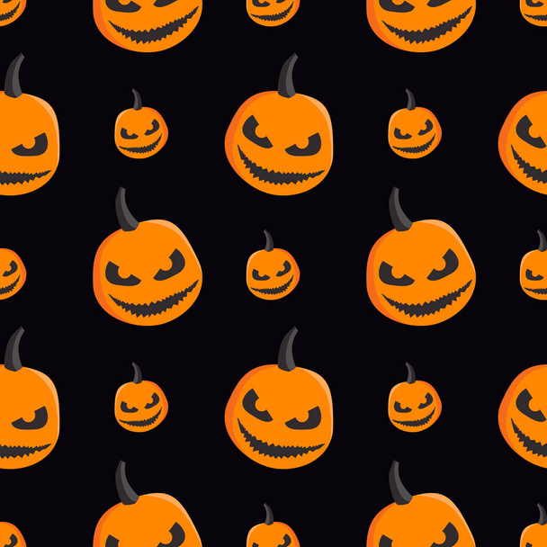 Patrón de Halloween sin costuras con calabazas sobre fondo negro. - Vector, Imagen