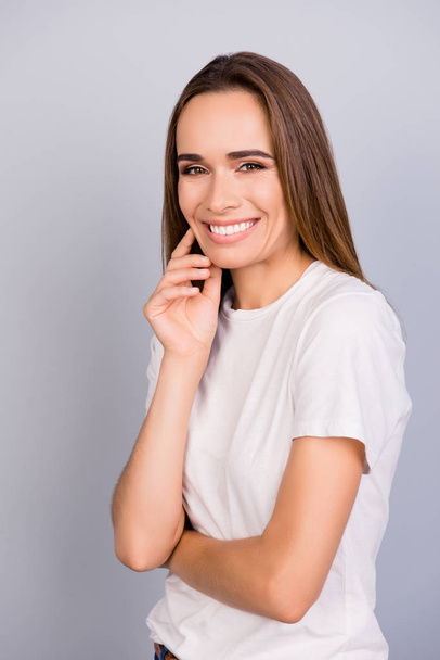 Close up portrait of successful young lady in white casual tshir - Foto, immagini