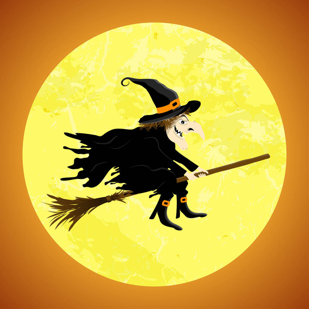 sorcière d'Halloween devant la pleine lune - Vecteur, image