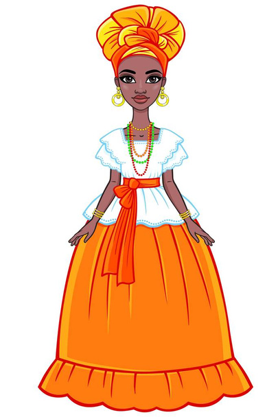 Animation portrait of the attractive Brazilian girl. Bright ethnic clothes. Full growth. The vector illustration isolated on a white background. - Вектор, зображення