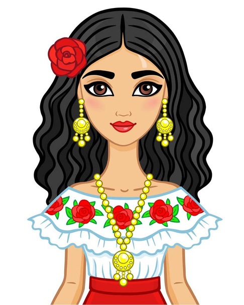 Animation portrait of the young beautiful Mexican girl in ancient clothes. The vector illustration isolated on a white background. - Вектор, зображення