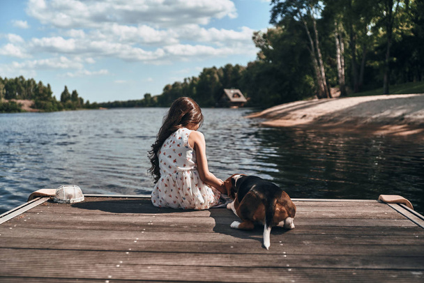 little girl with beagle dog - Foto, afbeelding
