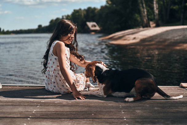 little girl with beagle dog - Zdjęcie, obraz