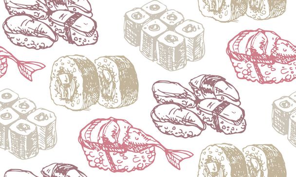 Hand drawn doodle sea food set. Susi. Japanese kitchen - Vector, Image