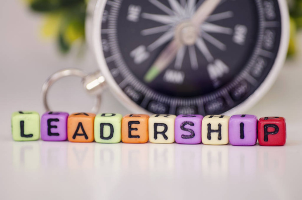 Zakelijk succes en motiverende concept dobbelstenen kubus met woord leiderschap met reflectie, kompas en groene plant achtergrond - Foto, afbeelding