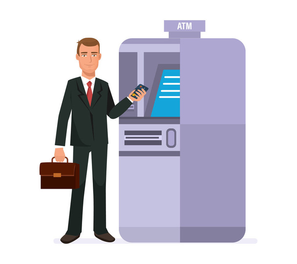 Businessman stands next to terminal, for cash withdrawal from card. - Vector, afbeelding
