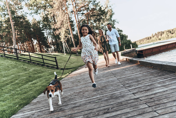 girl with parents and beagle dog - Fotoğraf, Görsel