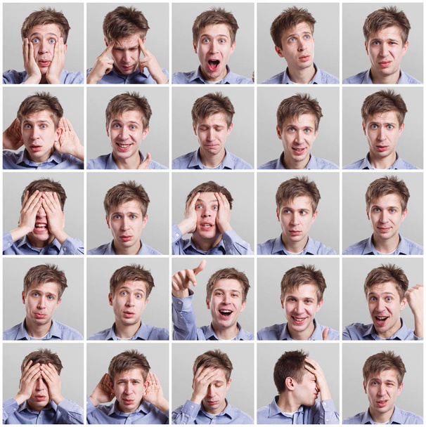 Set van vijf en twintig foto's van jonge man met verschillende gebaren en emoties - Foto, afbeelding