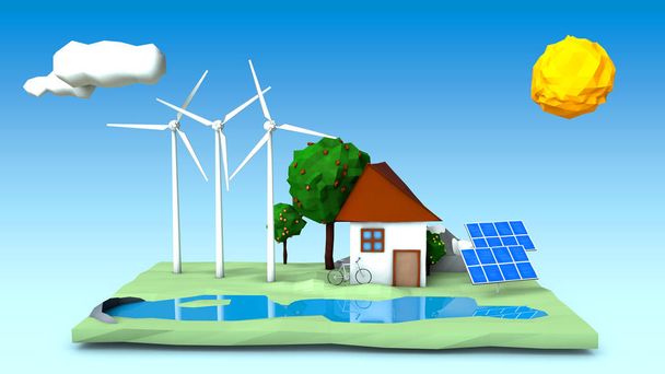 Illustration of a house,wind turbines,solar panels on a green square shaped island - 写真・画像