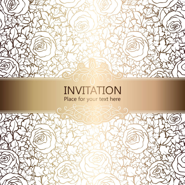 Abstract background with roses, luxury white and gold vintage frame, victorian banner, damask floral wallpaper ornaments, invitation card, baroque style booklet, fashion pattern, template for design. - Vector, Image