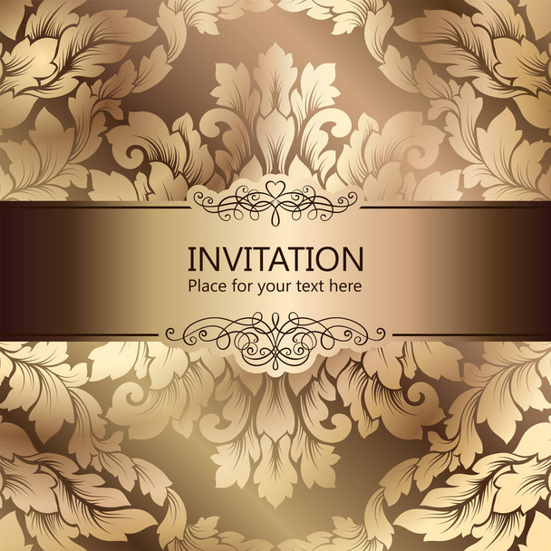Abstract background with luxury beige and gold vintage frame, damask floral wallpaper ornaments, invitation card with place for text, baroque style booklet, fashion pattern, template for design - Vector, Image