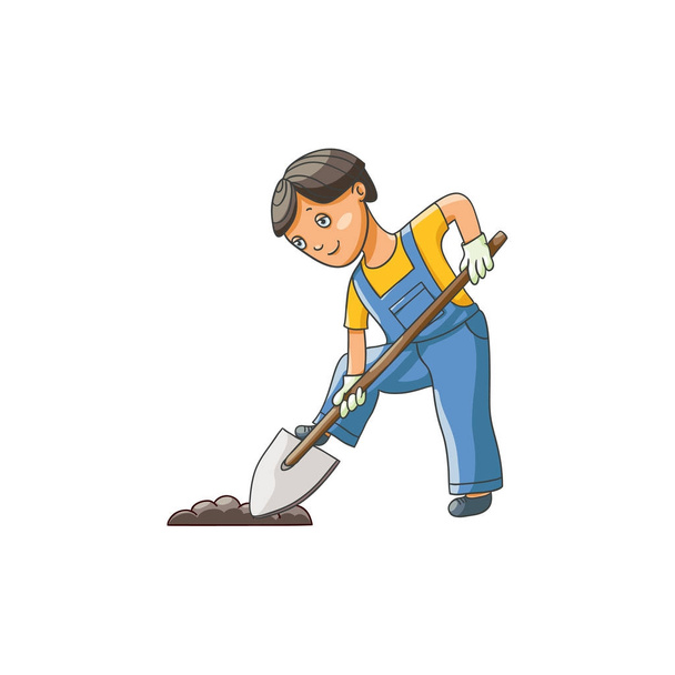 Boy in gardening gloves digging ground with shovel - Vector, afbeelding