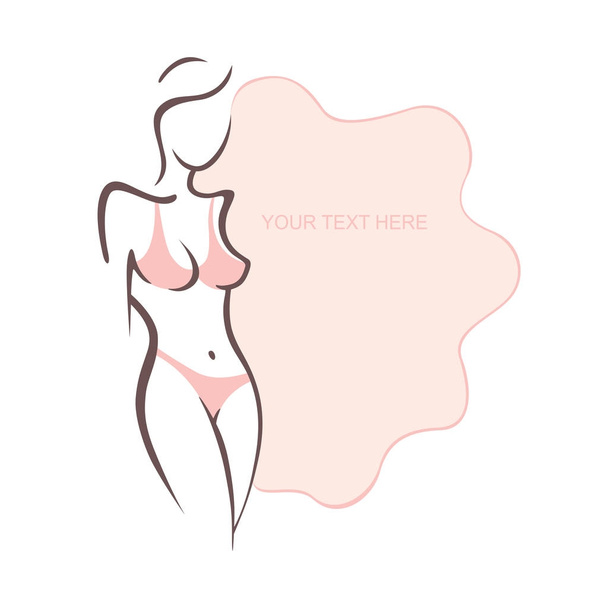 Beautiful sexy girl in bikini. Beach swimsuit, intimate underwear, bra, panties. Fashion and beauty of women. Vector illustration, the form for the text. Flyer, banner, poster for design - Vector, Image