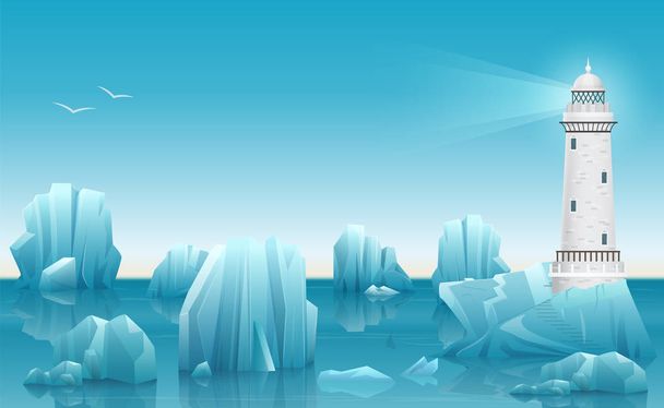 Vector Winter landscape of Lighthouse in the ice arctic ocean or sea with icebergs. - Vektor, Bild