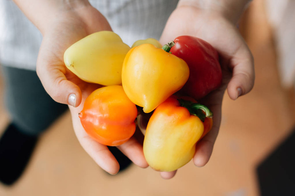 Woman holding hip of fresh bell peppers in hands. - Foto, immagini
