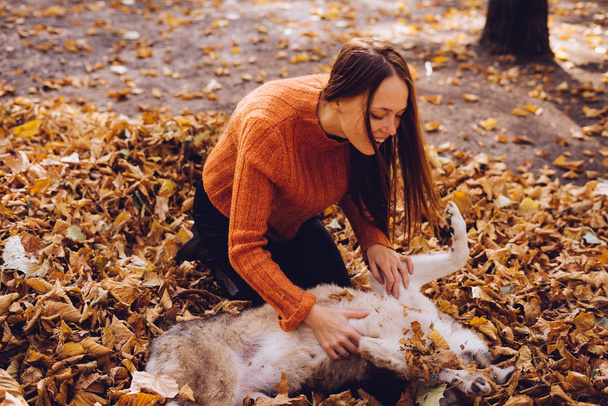 beautiful red-haired girl playing with her dog in a pile of fallen autumn leaves - Φωτογραφία, εικόνα